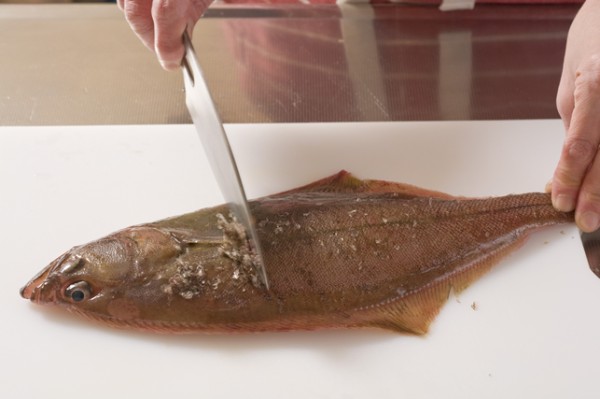 赤カレイはウロコと内臓を取り除いて流水で洗い、水気を拭く。